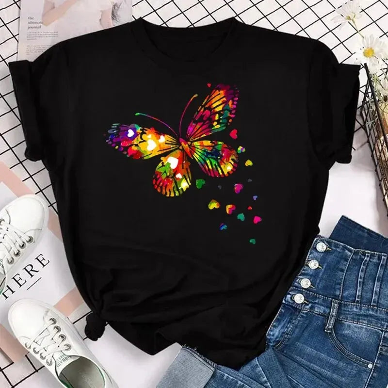 Colorful Butterfly Petal Print Short Sleeve and Round Neck /Cute Graphic Tee Shirts