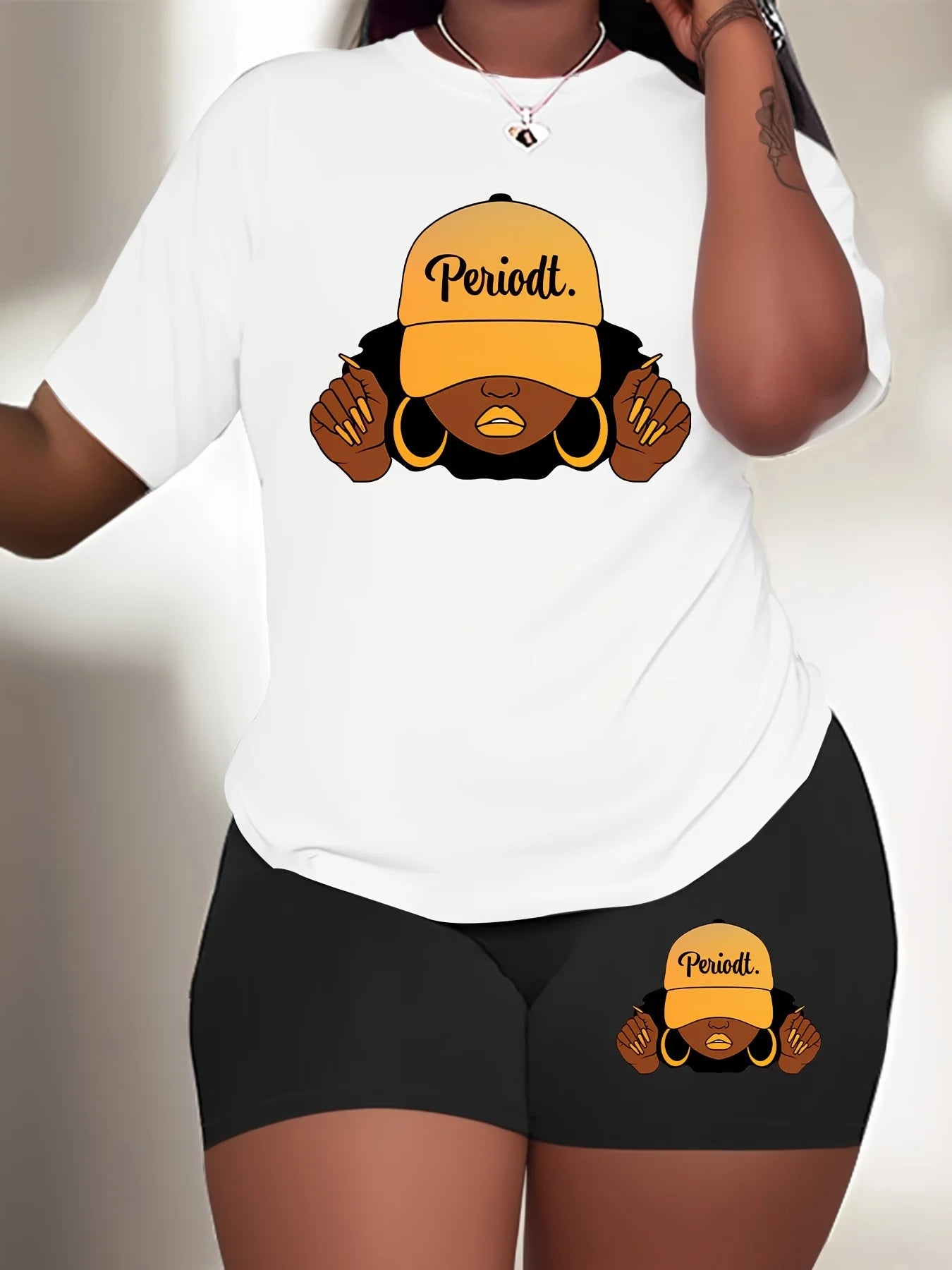 Women's 2-Piece Plus Size Sport Set, White T-Shirt With Bold "Periodt." Graphic & Matching Shorts, Comfortable Summer Outfit