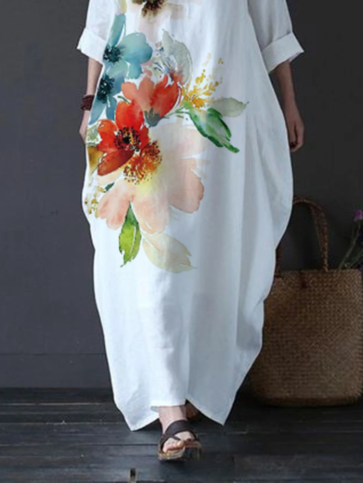 Women Long Maxi Dresses Plus Size White Floral Print