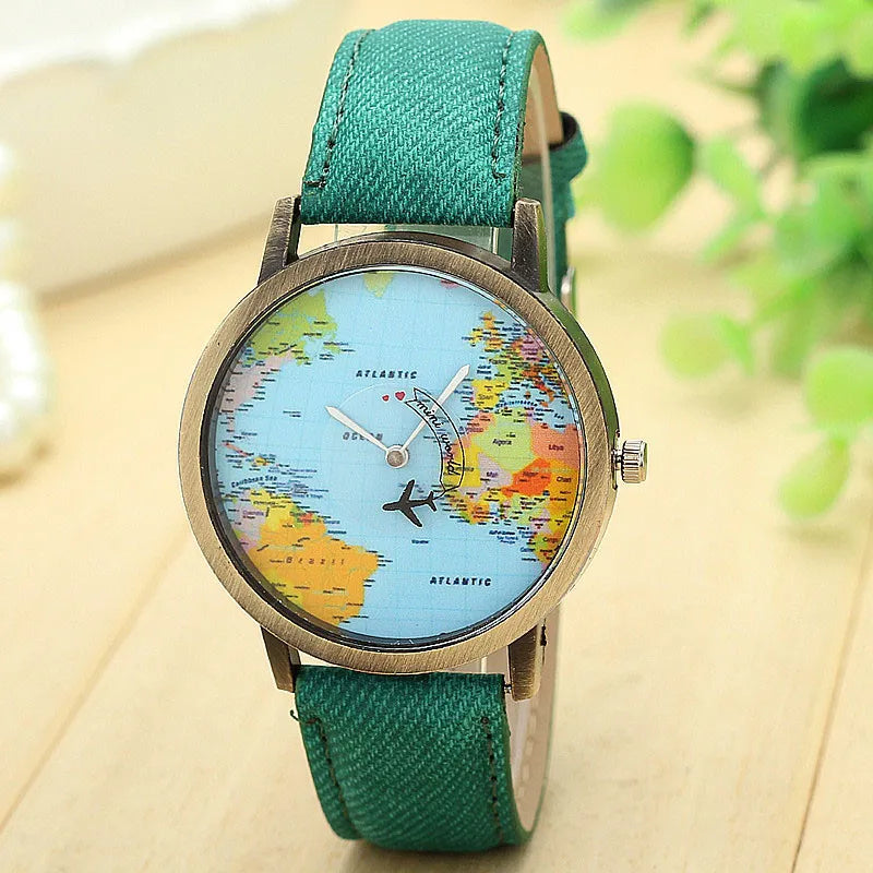 2024 Fashion Global World Map Plane Denim Fabric Band Watch Casual Men Women Wristwatches Quartz Watch Gift