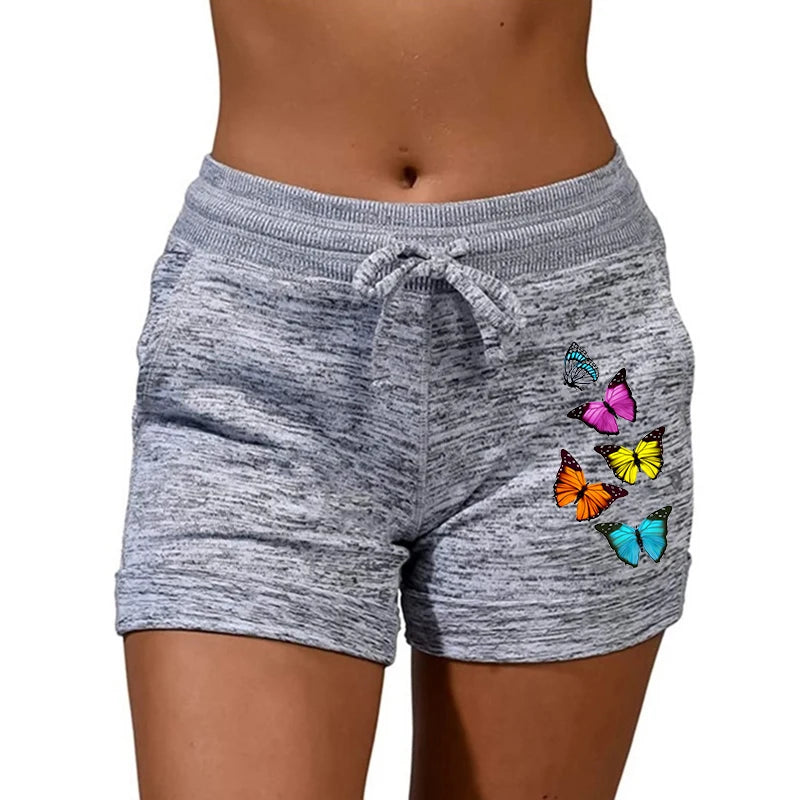 Plus Size Women Summer Outdoor Sports Pants Casual High Waisted  Drawstring Shorts Ladies Fashion Butterfly Printed Yoga Shorts