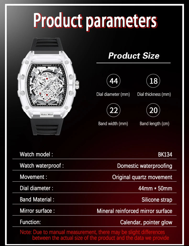 UTHAI BK134 Personalized Transparent Hollow Barrel Quartz Watch Casual Fashion Sports Waterproof Calendar Men's Watch