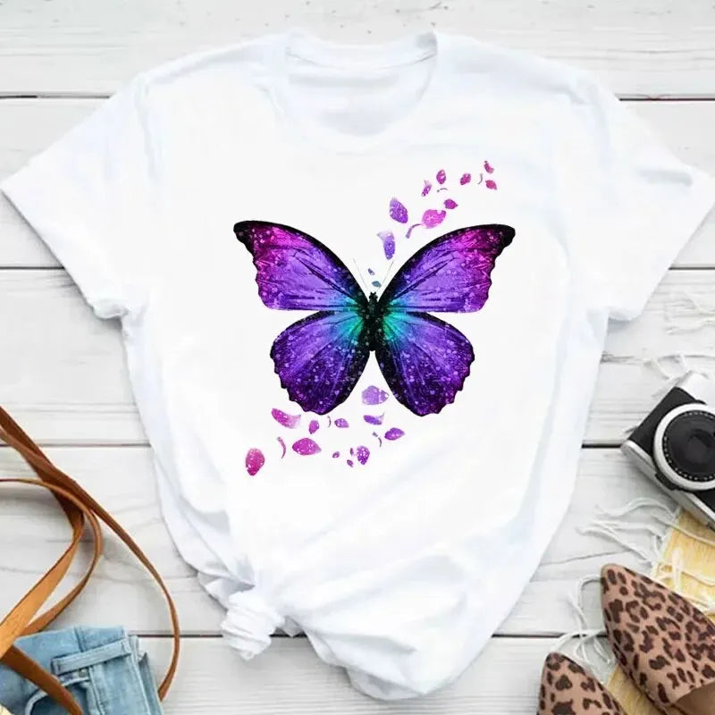 Colorful Butterfly Petal Print Short Sleeve and Round Neck /Cute Graphic Tee Shirts