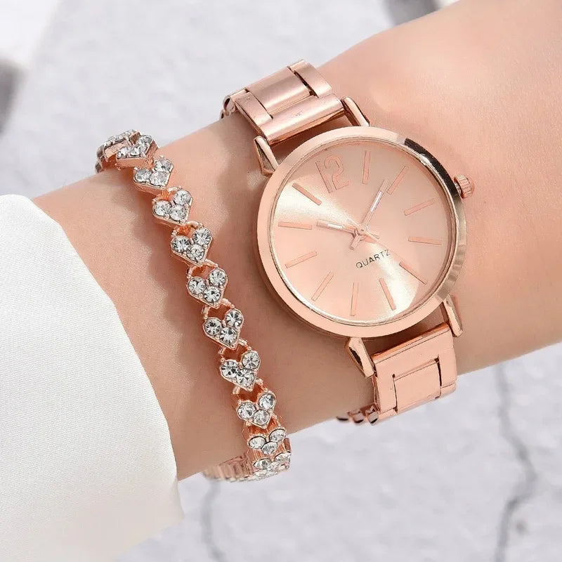 2pcs Set Women Watch Luxury Simple Dial Hollow Strap Fashion Gold Bracelet Quartz Wristwatch Student Ladies Watch